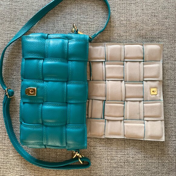 Chiara Ferretti Italy Leather Flap Over Woven Crossbody  Handbag Turquoise - Picture 4 of 16